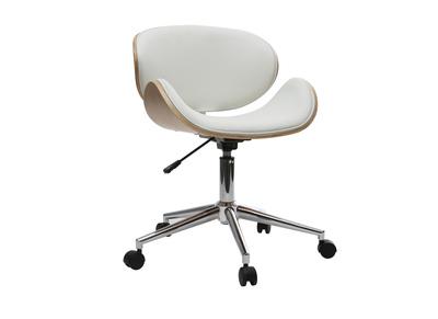 Chaise de bureau &agrave; roulettes design blanc, bois clair et acier chrom&eacute; WALNUT