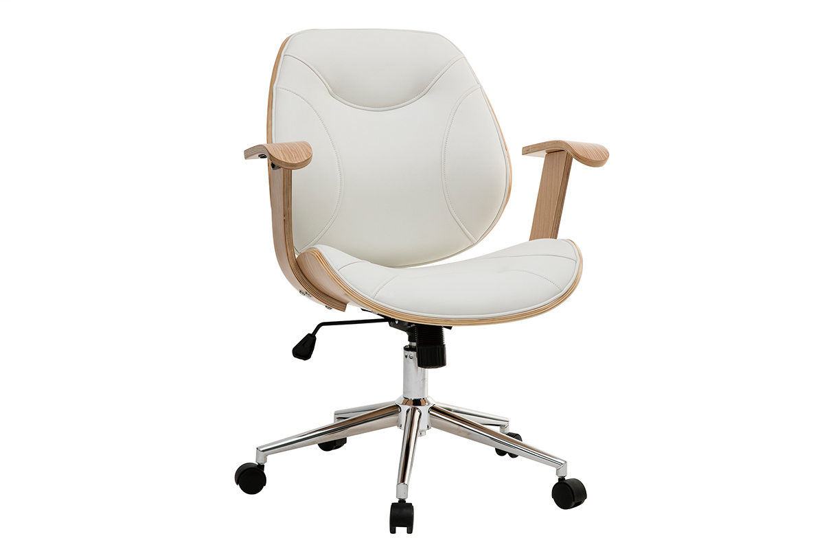 Chaise de bureau � roulettes design blanc, bois clair et acier chrom� YORKE