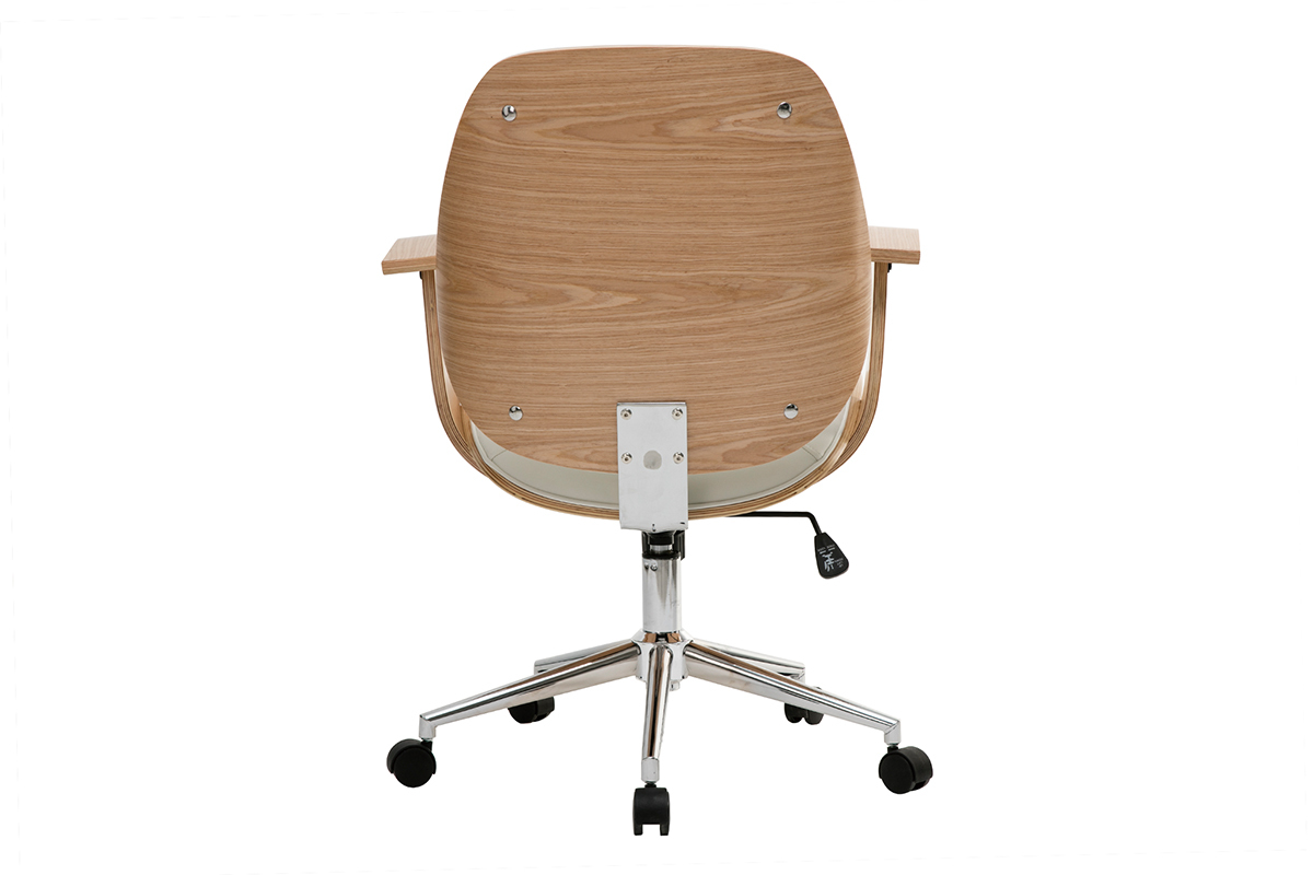 Chaise de bureau � roulettes design blanc, bois clair et acier chrom� YORKE