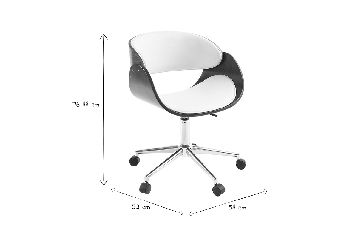 Chaise de bureau � roulettes design blanc, bois fonc� noyer et acier chrom� BENT
