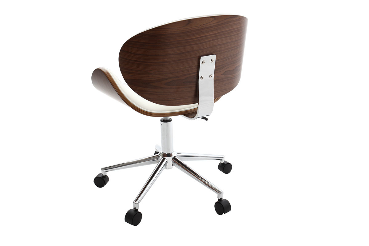 Chaise de bureau en bois noyer, vue arri�re, avec roulettes et acier chrom�.