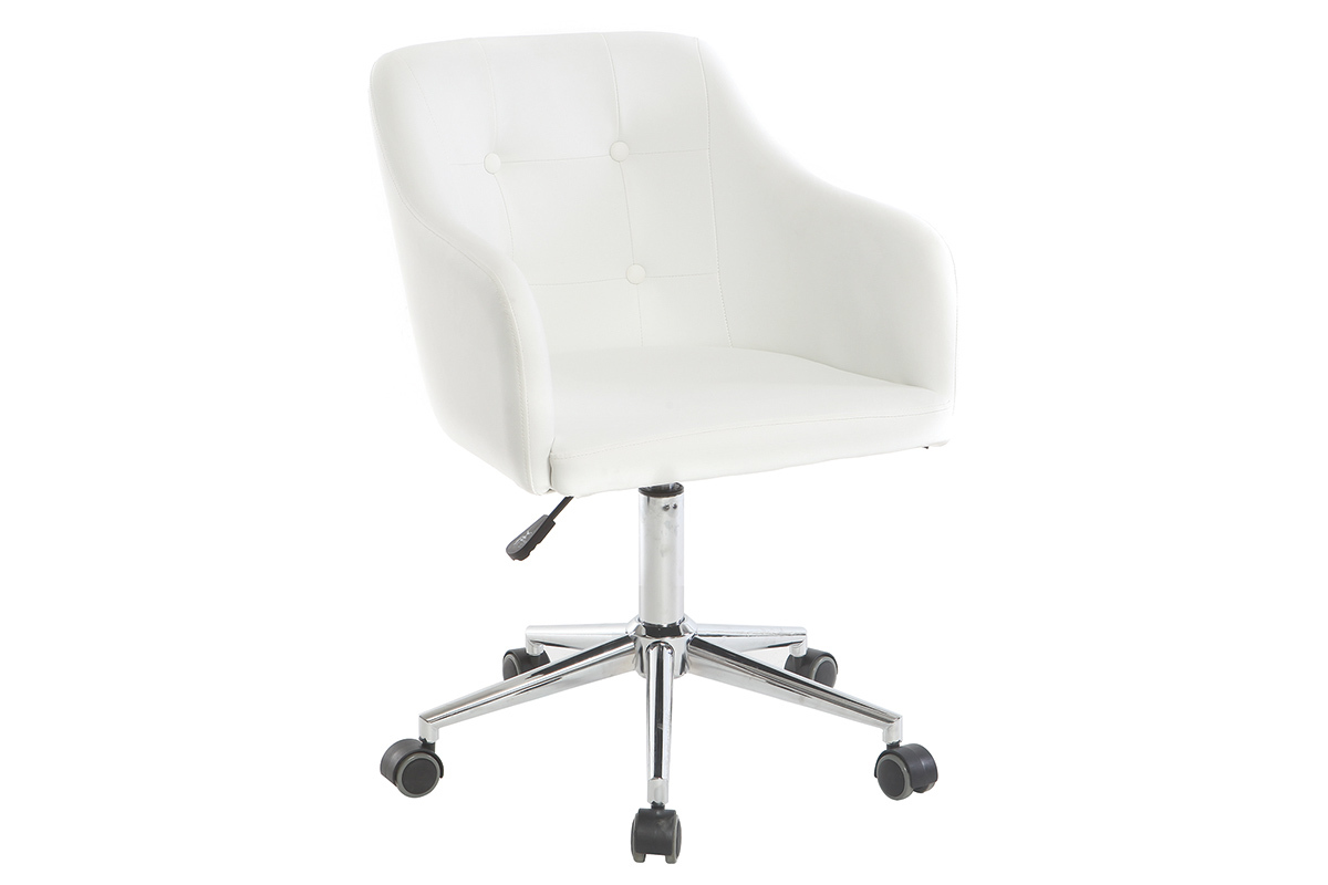 Chaise de bureau blanche avec roulettes, accoudoirs et pi�tement chrom�.