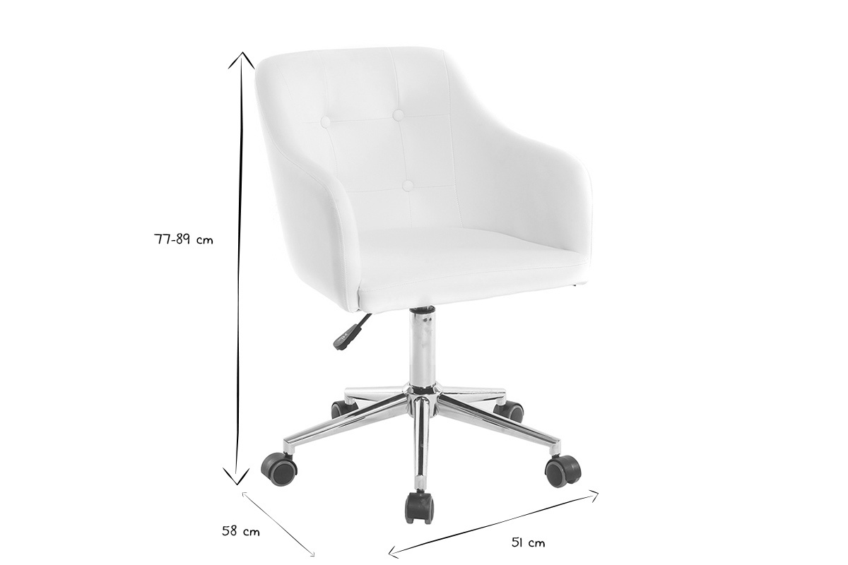 Chaise de bureau design blanc avec dimensions, vue de profil, en noir et blanc.
