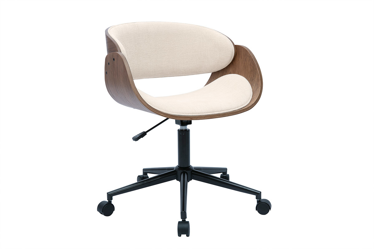 Chaise de bureau � roulettes design en bois fonc� et tissu effet velours textur� beige BENT