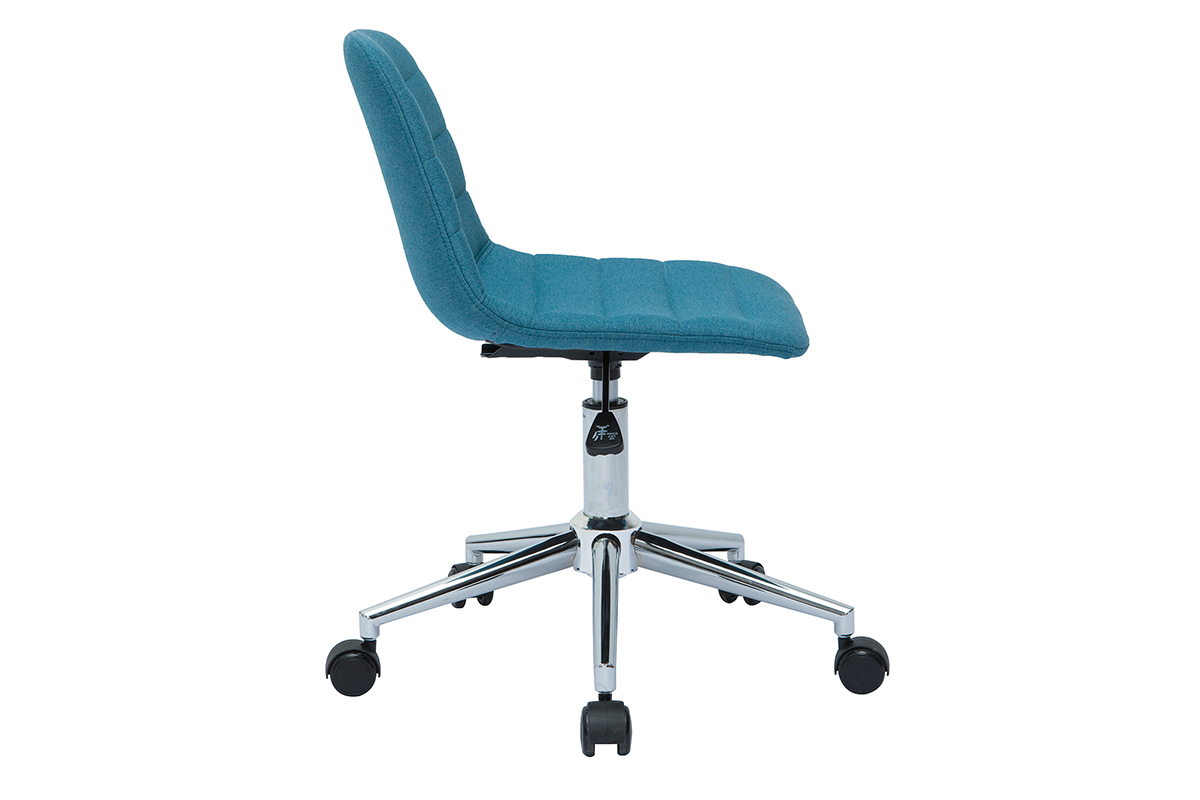 Chaise de bureau bleu canard de profil, pi�tement en acier chrom�, 5 roulettes.