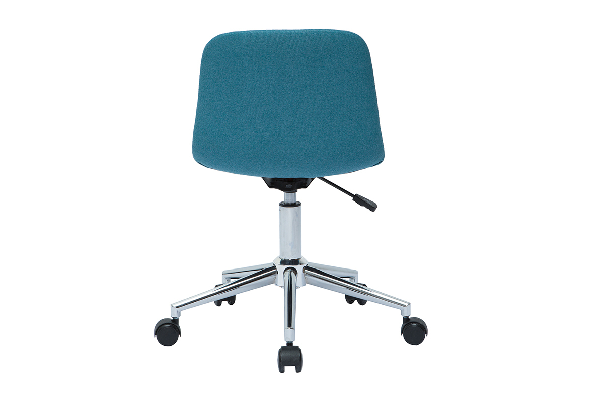 Chaise de bureau bleue vue de dos avec pi�tement chrom� et roulettes.