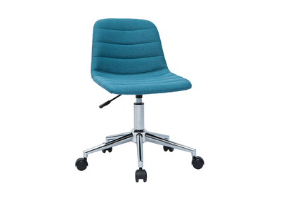 Chaise de bureau &agrave; roulettes design en tissu bleu canard et acier chrom&eacute; SAURY