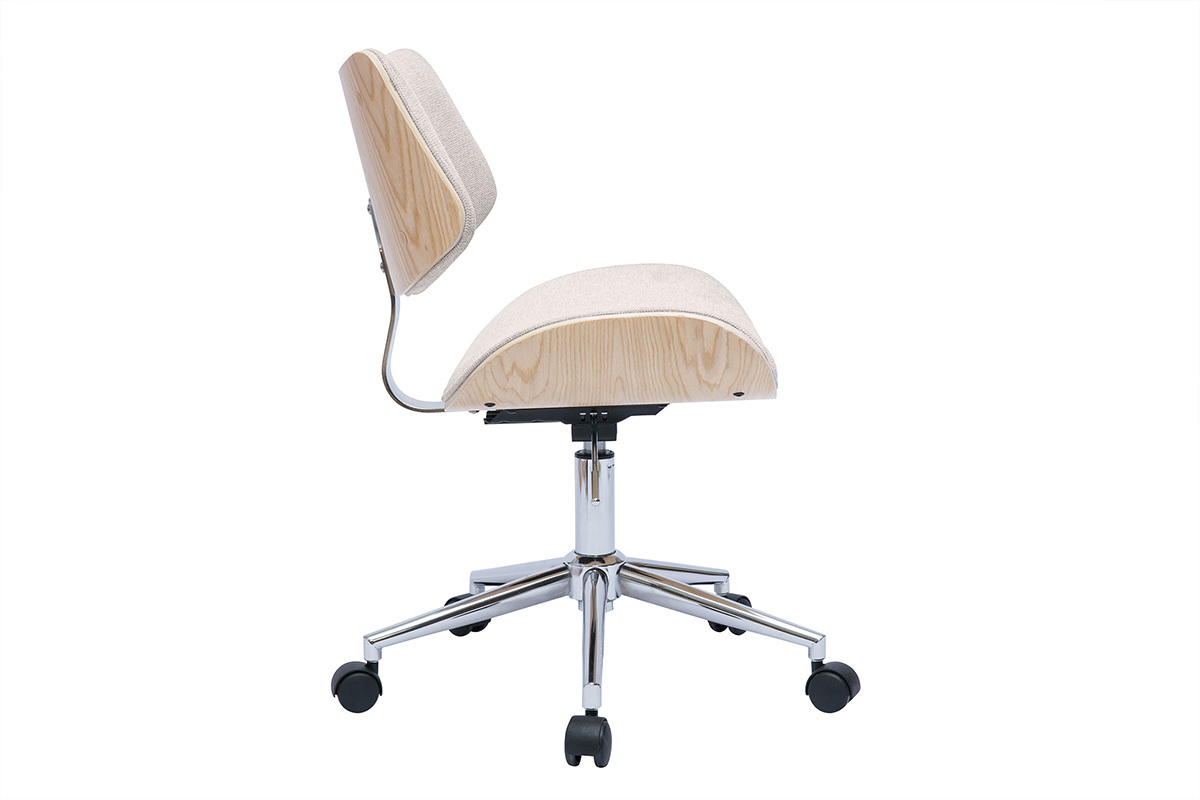 Chaise de bureau � roulettes design en tissu effet velours textur� beige, bois clair ch�ne et m�tal MALMO