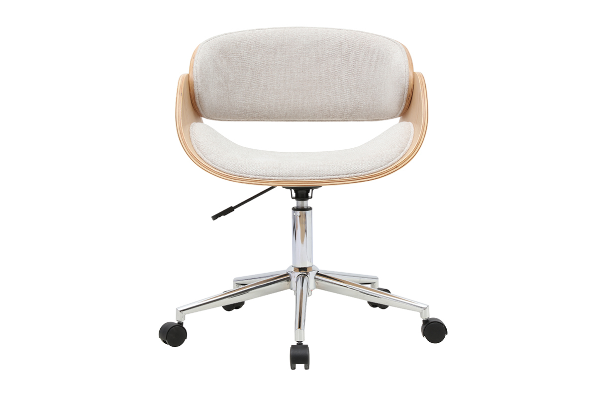 Chaise de bureau design � roulettes, tissu beige, bois clair et acier chrom�, vue de face