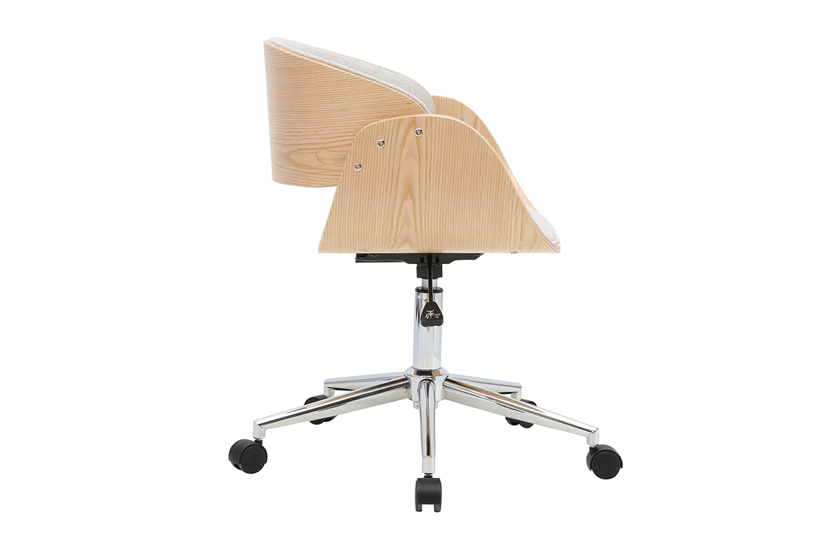 Chaise de bureau BENT vue de c�t�, en tissu beige et bois clair, sur roulettes.