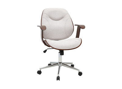 Chaise de bureau &agrave; roulettes design en tissu effet velours textur&eacute; beige, bois fonc&eacute; et acier chrom&eacute; YORKE