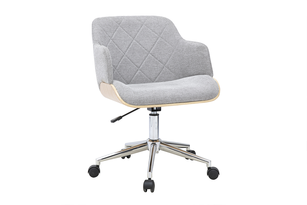 Chaise de bureau � roulettes design en tissu effet velours gris, vue de 3/4.