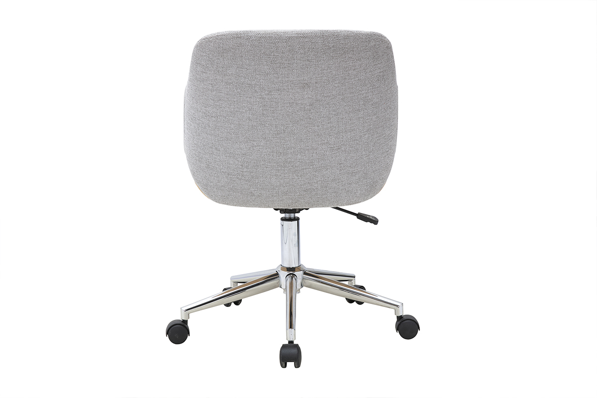 Chaise de bureau � roulettes grise, vue de dos, avec dossier courb� et base en acier chrom�.