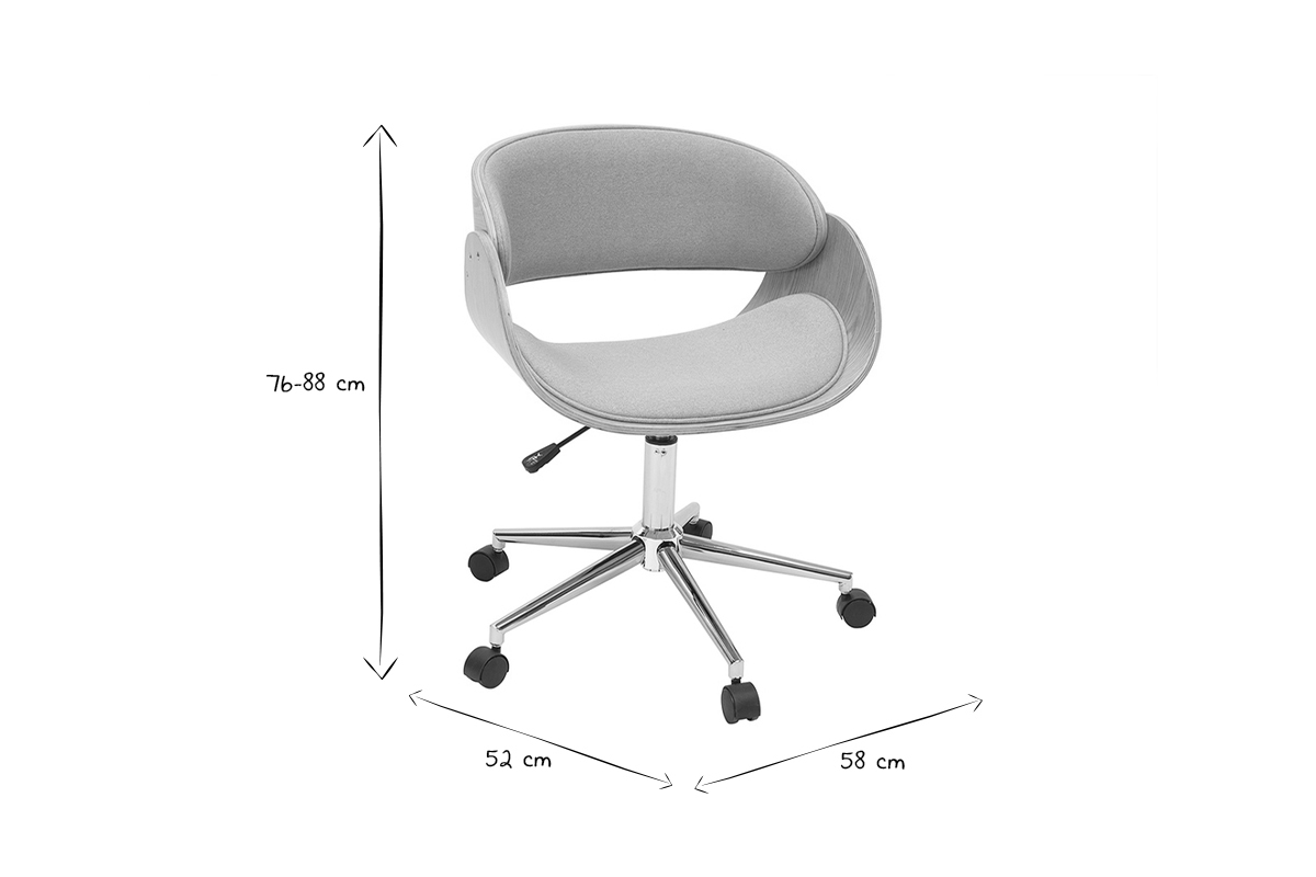 Chaise de bureau � roulettes design en tissu gris, bois clair et acier chrom� BENT