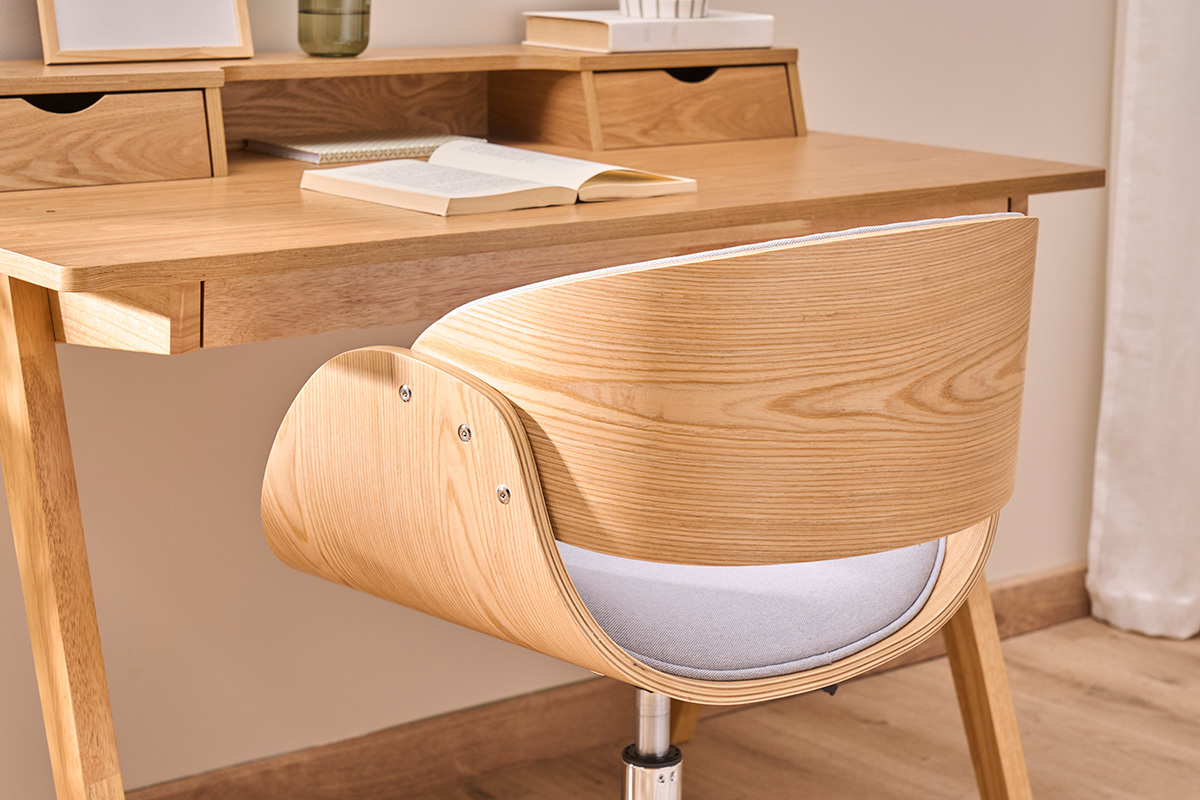 Chaise de bureau � roulettes design en tissu gris, bois clair et acier chrom� BENT