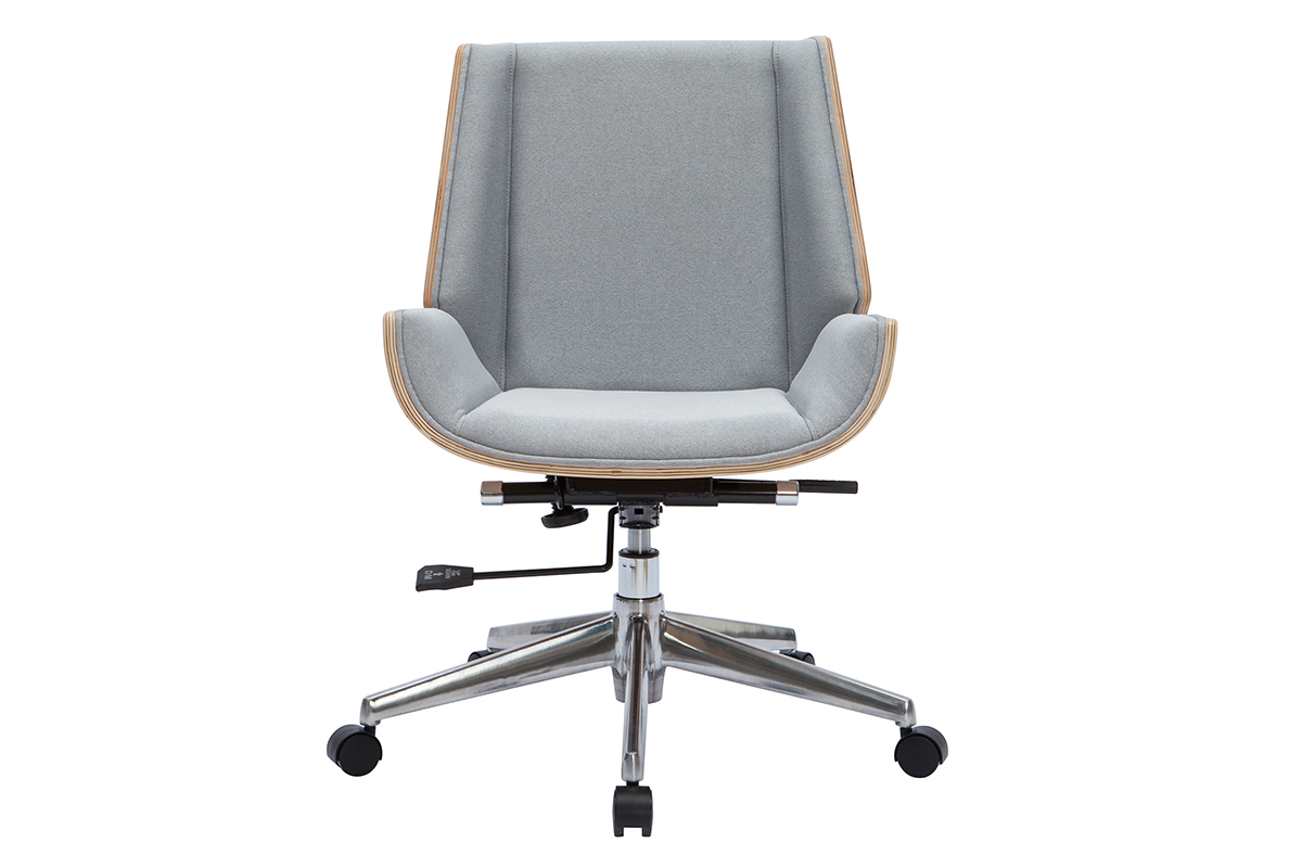 Chaise de bureau � roulettes design en tissu gris clair, bois clair et acier chrom� CURVED