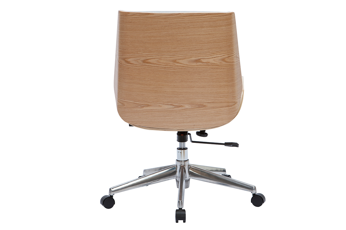 Chaise de bureau � roulettes design en tissu gris clair, bois clair et acier chrom� CURVED