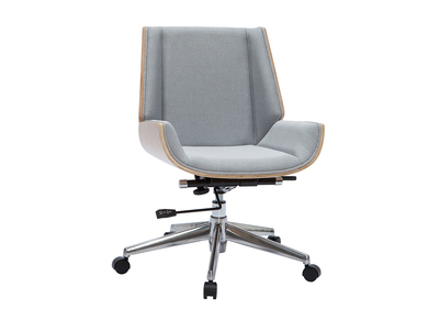 Chaise de bureau &agrave; roulettes design en tissu gris clair, bois clair et acier chrom&eacute; CURVED