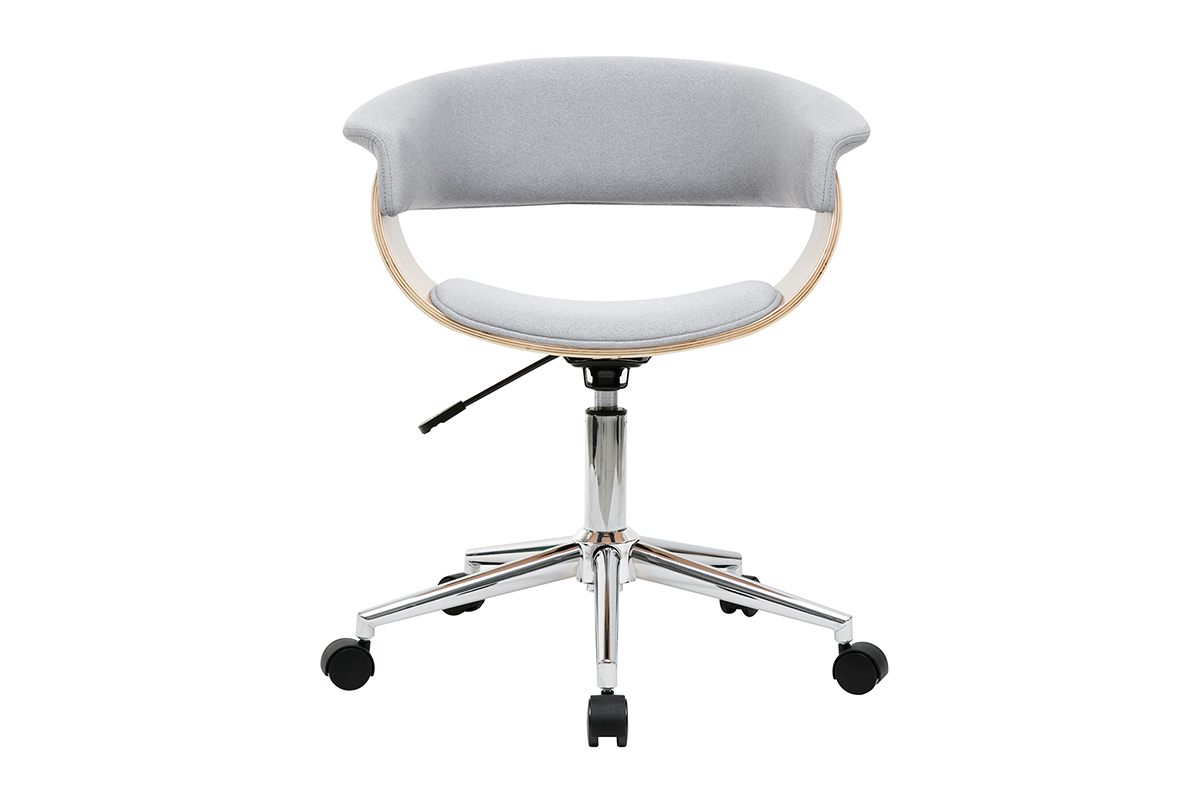 Chaise de bureau gris clair, vue de face, avec roulettes et base en acier chrom�.