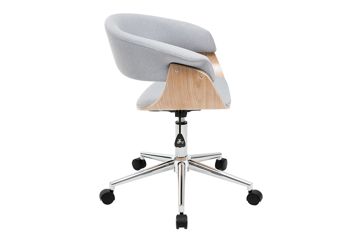 Chaise de bureau gris clair, bois clair, vue de profil, roulettes en acier chrom�.