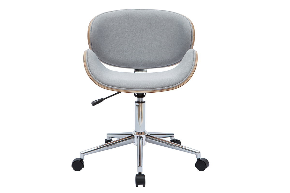 Chaise de bureau � roulettes design en tissu gris clair, bois clair et acier chrom� WALNUT
