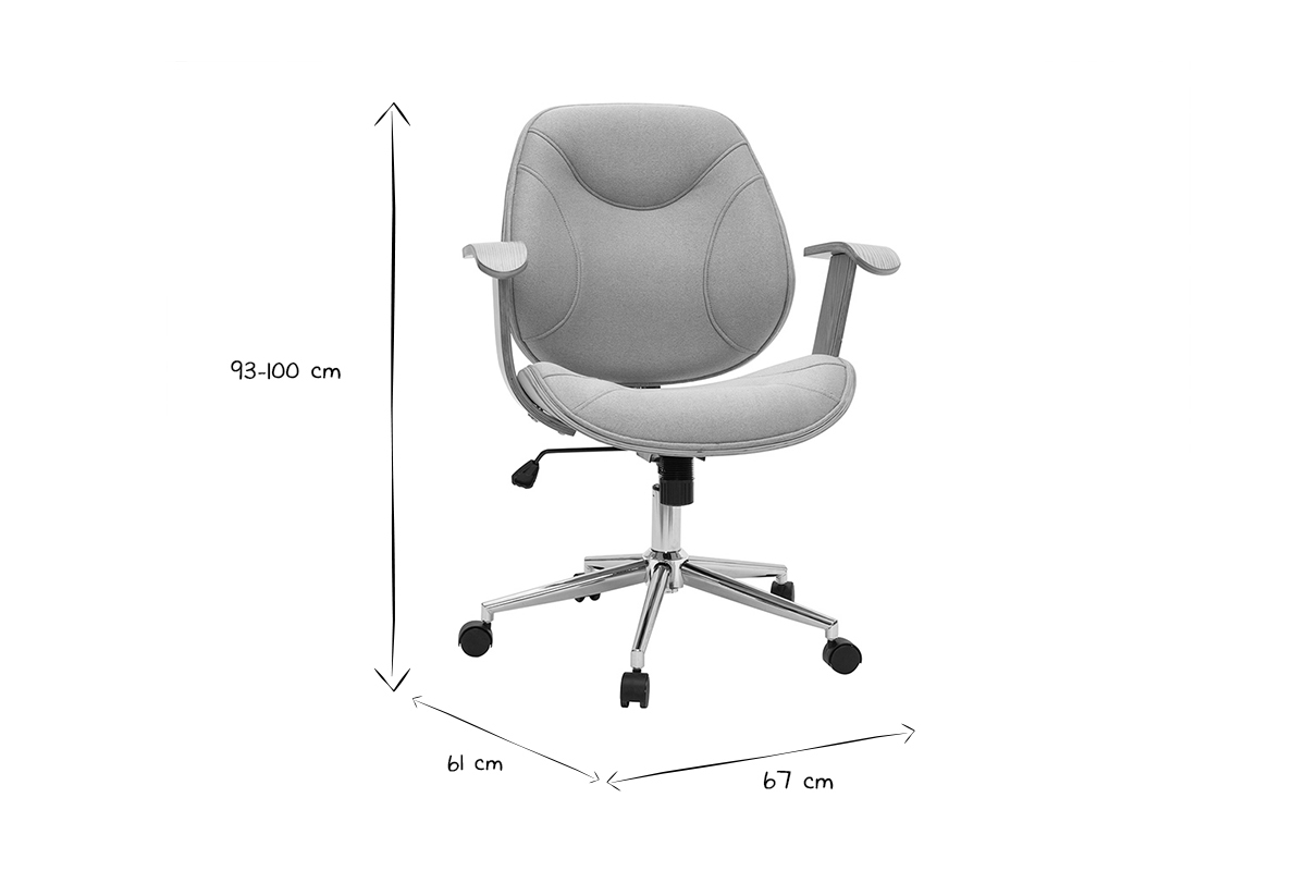Chaise de bureau � roulettes design en tissu gris clair, bois clair et acier chrom� YORKE