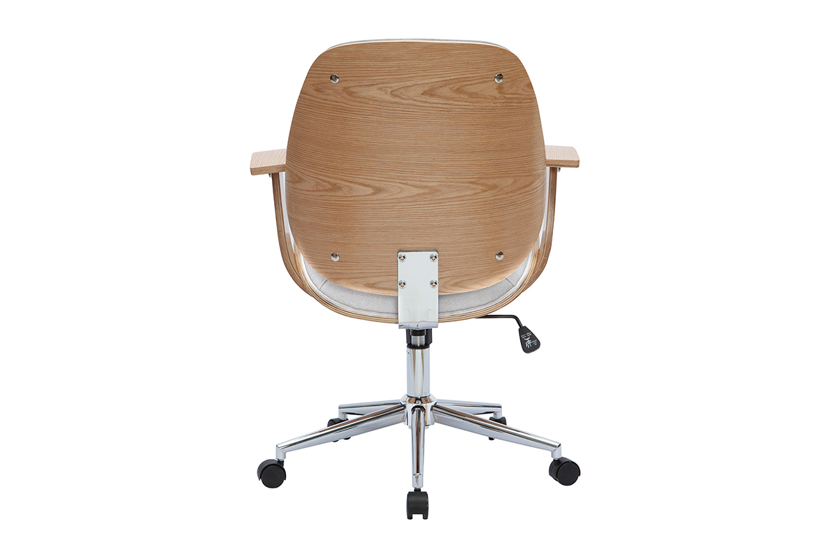 Chaise de bureau � roulettes design en tissu gris clair, bois clair et acier chrom� YORKE
