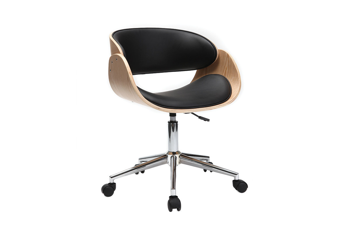 Chaise de bureau � roulettes design noir, bois clair et acier chrom� BENT
