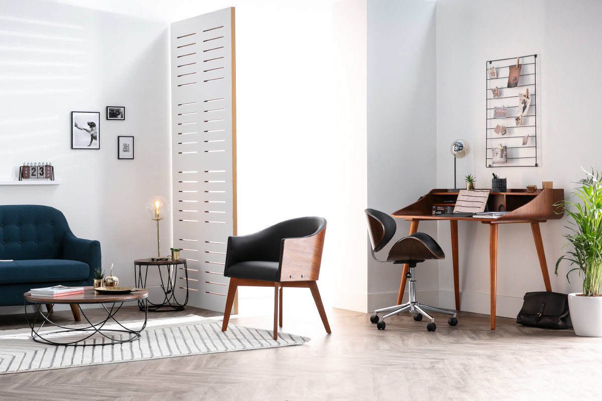 Chaise de bureau � roulettes design noir, bois clair et acier chrom� WALNUT