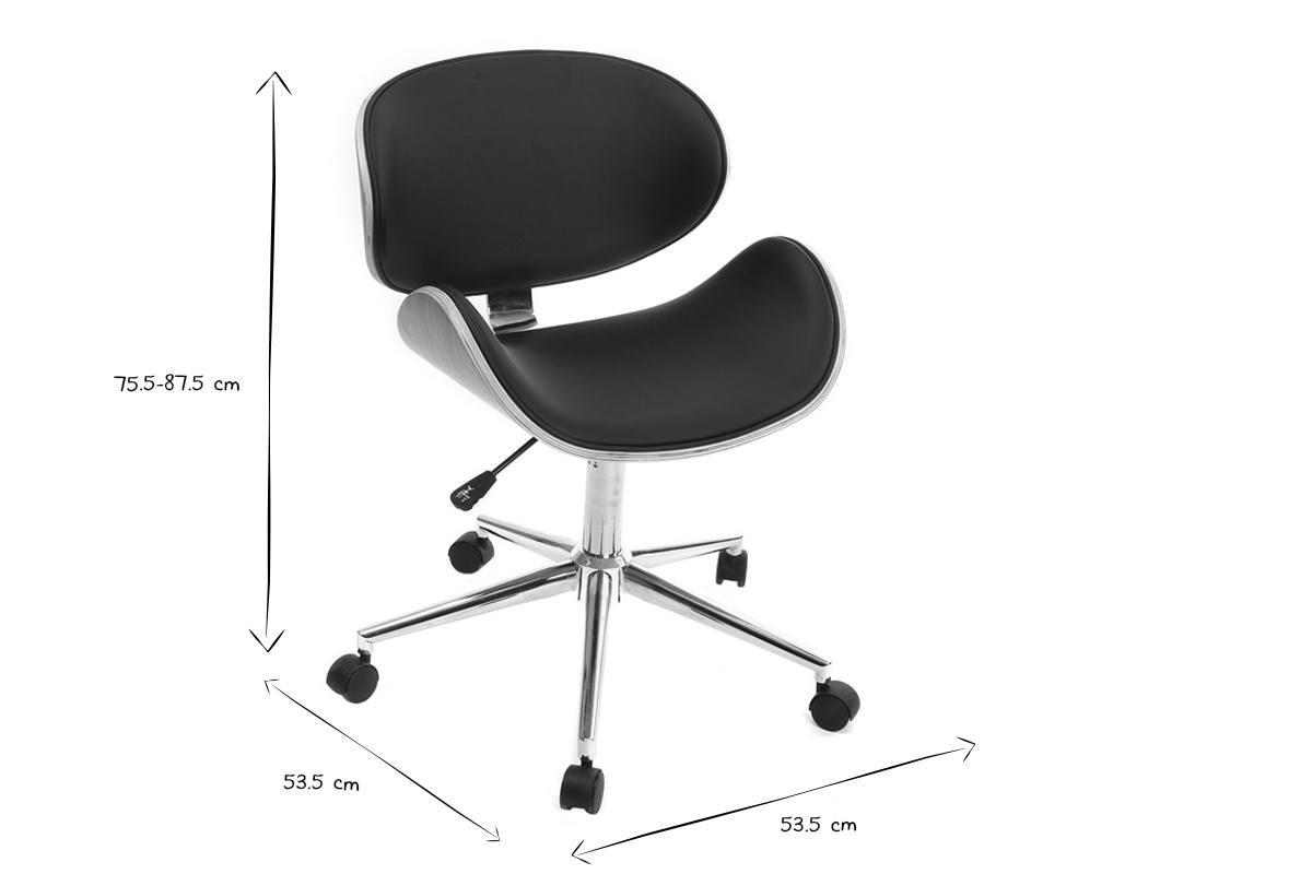 Chaise de bureau � roulettes design noir, bois clair et acier chrom� WALNUT