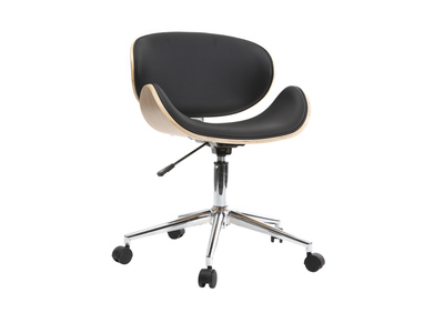 Chaise de bureau &agrave; roulettes design noir, bois clair et acier chrom&eacute; WALNUT