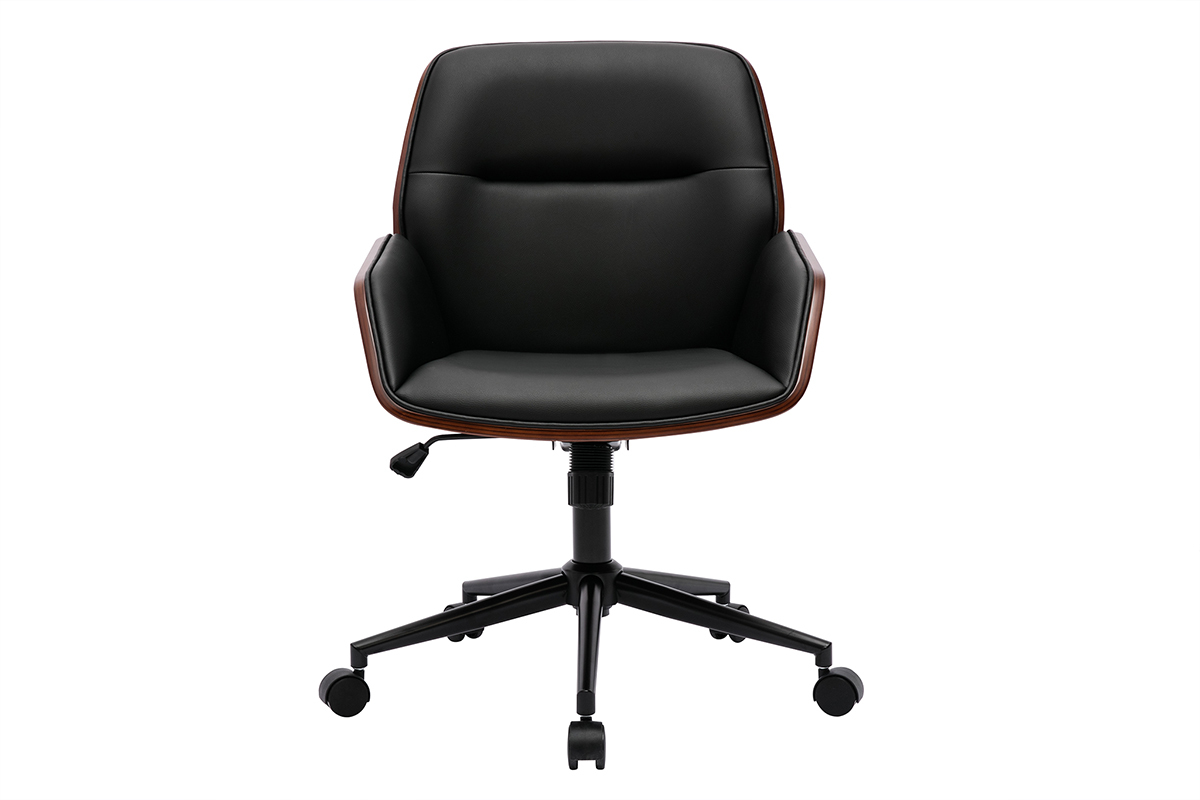 Chaise de bureau noire � roulettes vue de face, bois fonc� et m�tal noir.