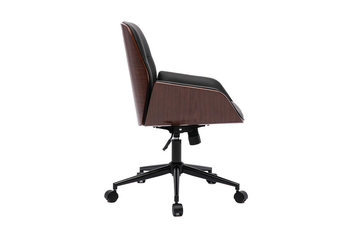 Chaise de bureau noire, bois fonc� et m�tal noir, vue de c�t�.