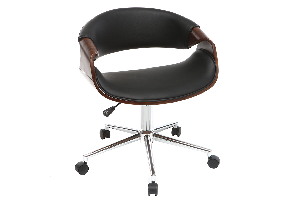 Chaise de bureau � roulettes design noir bois fonc� noyer et acier chrom� ARAMIS