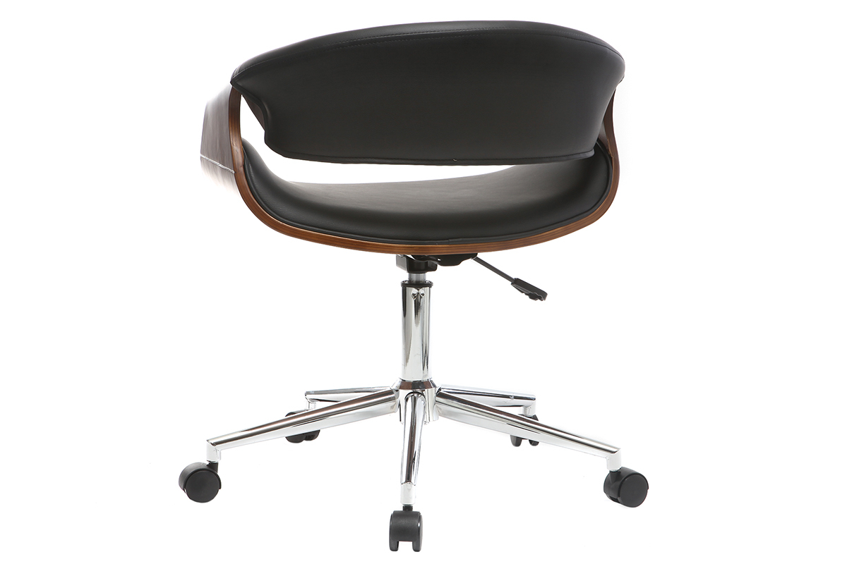 Chaise de bureau � roulettes design noir bois fonc� noyer et acier chrom� ARAMIS