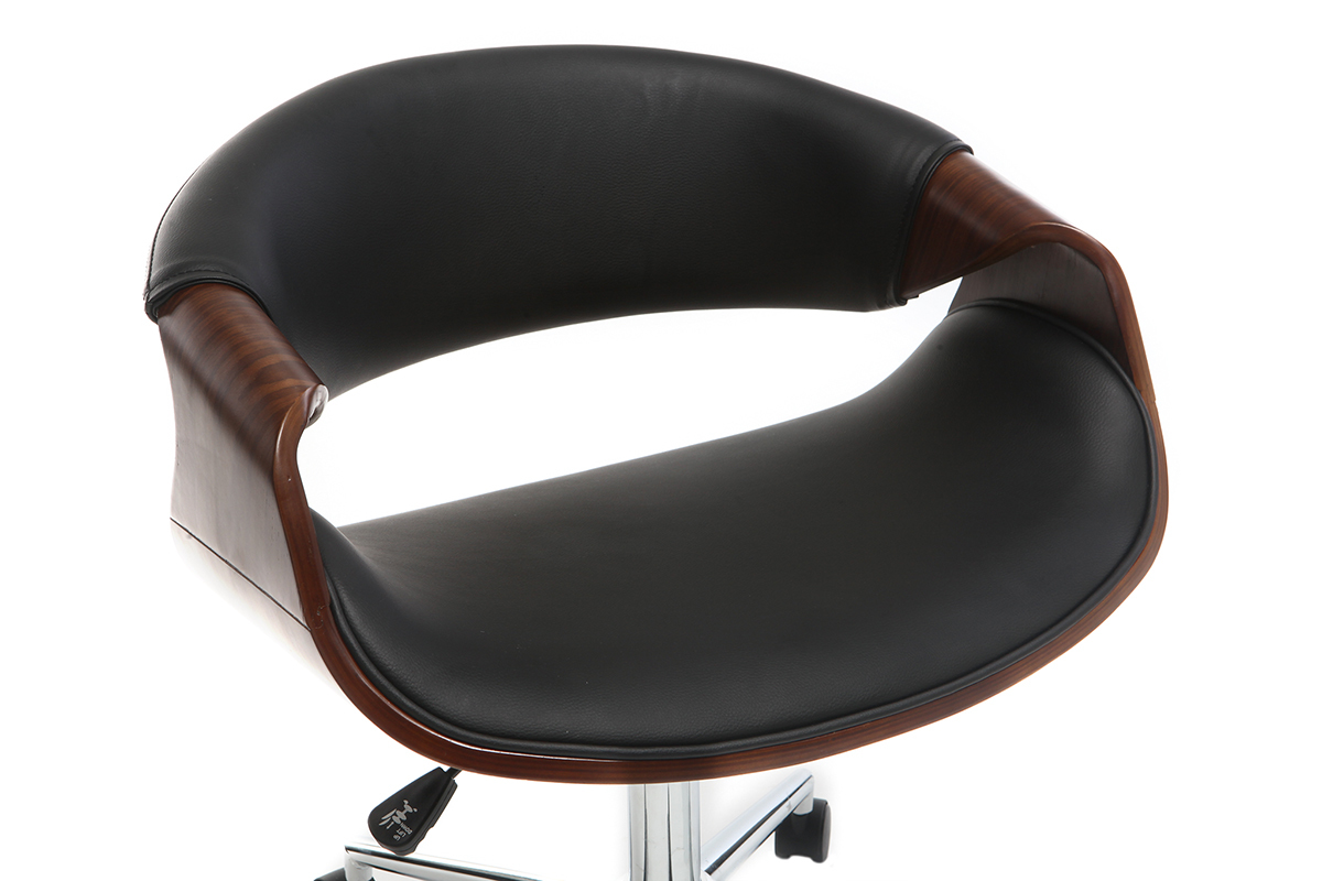 Chaise de bureau � roulettes design noir bois fonc� noyer et acier chrom� ARAMIS