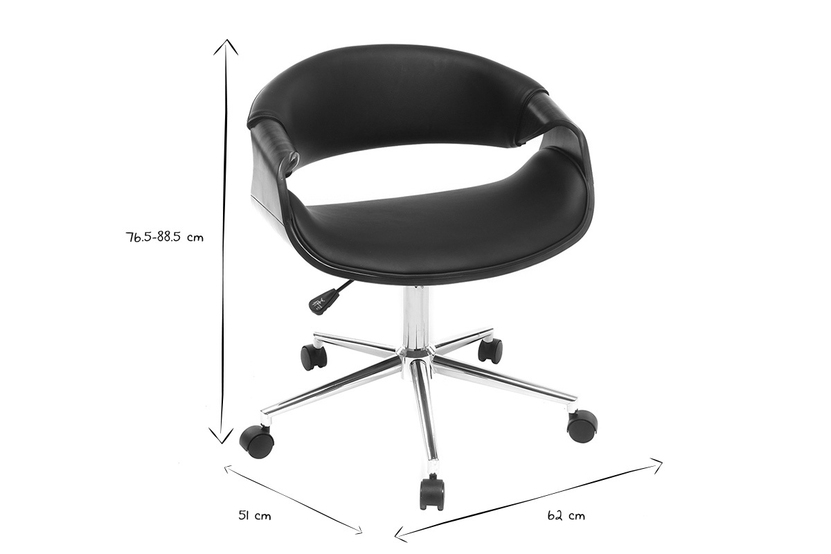 Chaise de bureau � roulettes design noir bois fonc� noyer et acier chrom� ARAMIS