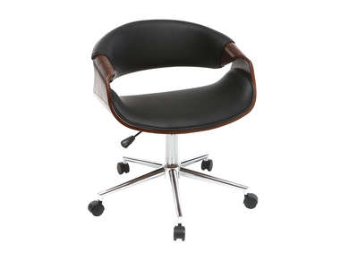 Chaise de bureau &agrave; roulettes design noir bois fonc&eacute; noyer et acier chrom&eacute; ARAMIS