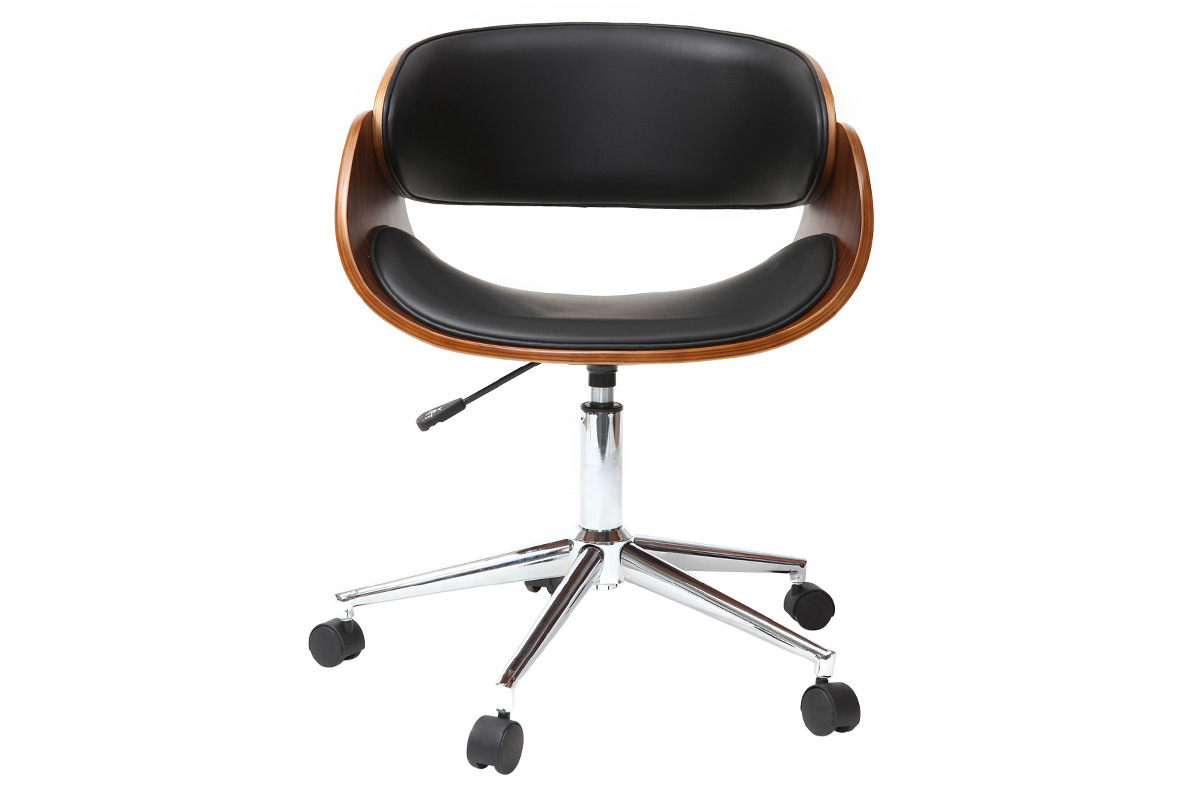 Chaise de bureau � roulettes design noir, bois fonc� noyer et acier chrom�  BENT