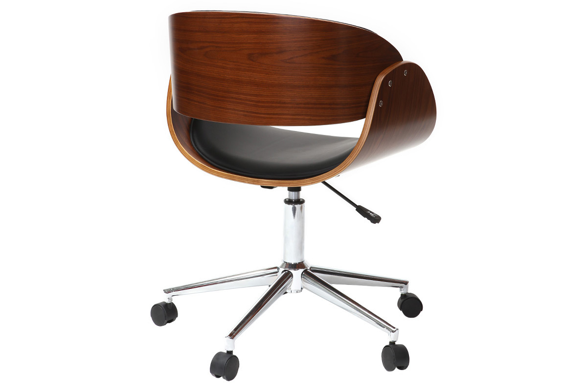 Chaise de bureau � roulettes design noir, bois fonc� noyer et acier chrom�  BENT
