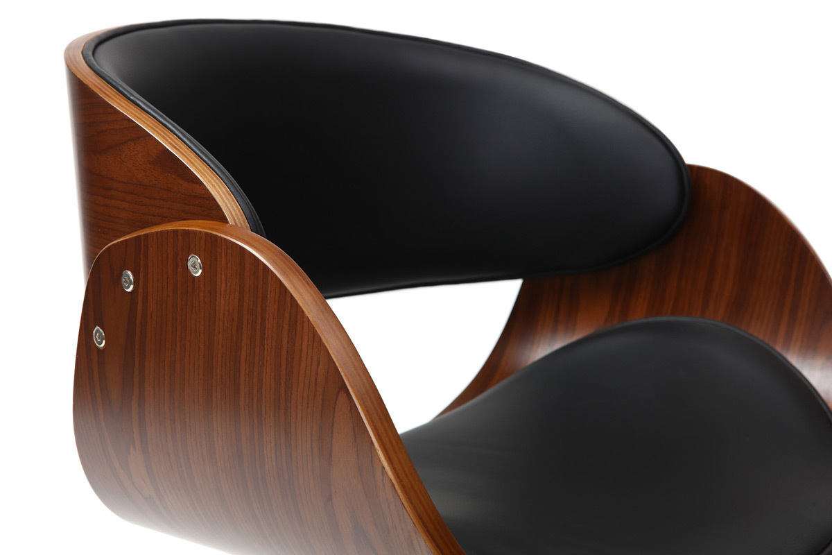 Chaise de bureau � roulettes design noir, bois fonc� noyer et acier chrom�  BENT