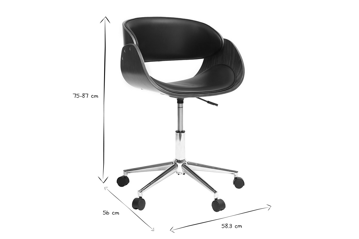 Chaise de bureau � roulettes design noir, bois fonc� noyer et acier chrom�  BENT