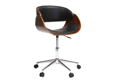 Chaise de bureau &agrave; roulettes design noir, bois fonc&eacute; noyer et acier chrom&eacute;  BENT