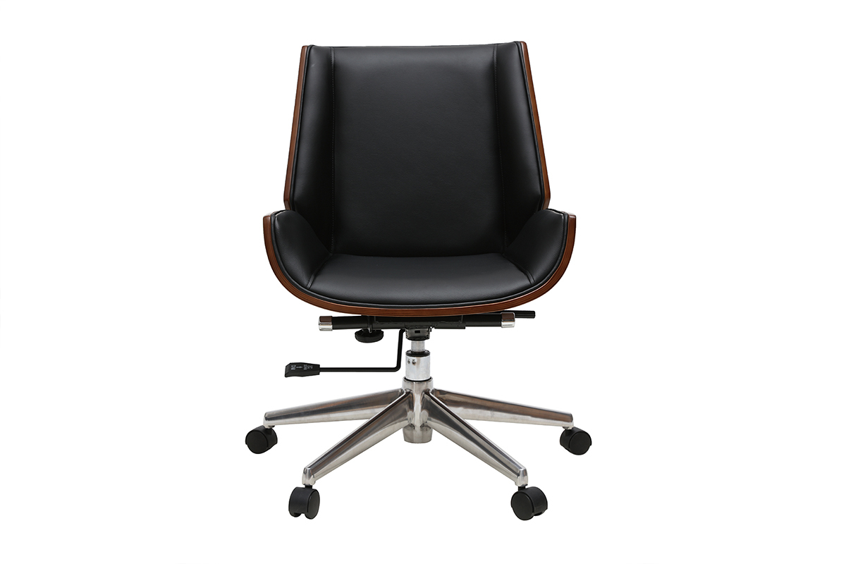 Chaise de bureau � roulettes design noir, bois fonc� noyer et acier chrom� CURVED