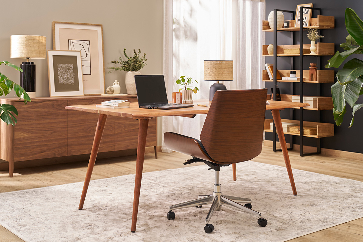 Chaise de bureau � roulettes design noir, bois fonc� noyer et acier chrom� CURVED