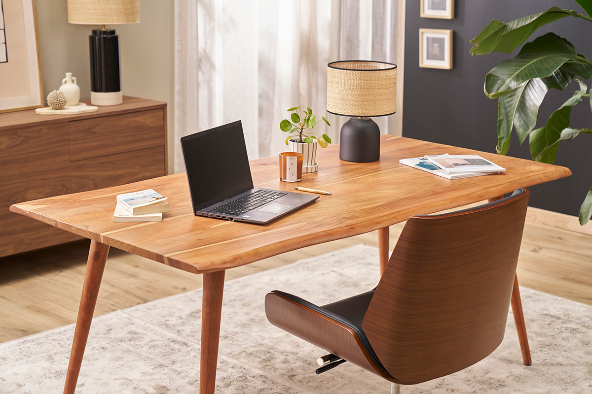 Chaise de bureau � roulettes design noir, bois fonc� noyer et acier chrom� CURVED