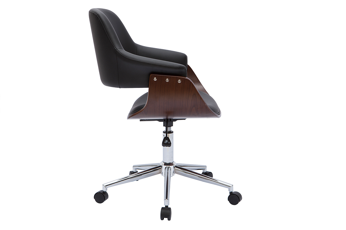 Chaise de bureau � roulettes design noir, bois fonc� noyer et acier chrom� HANSEN