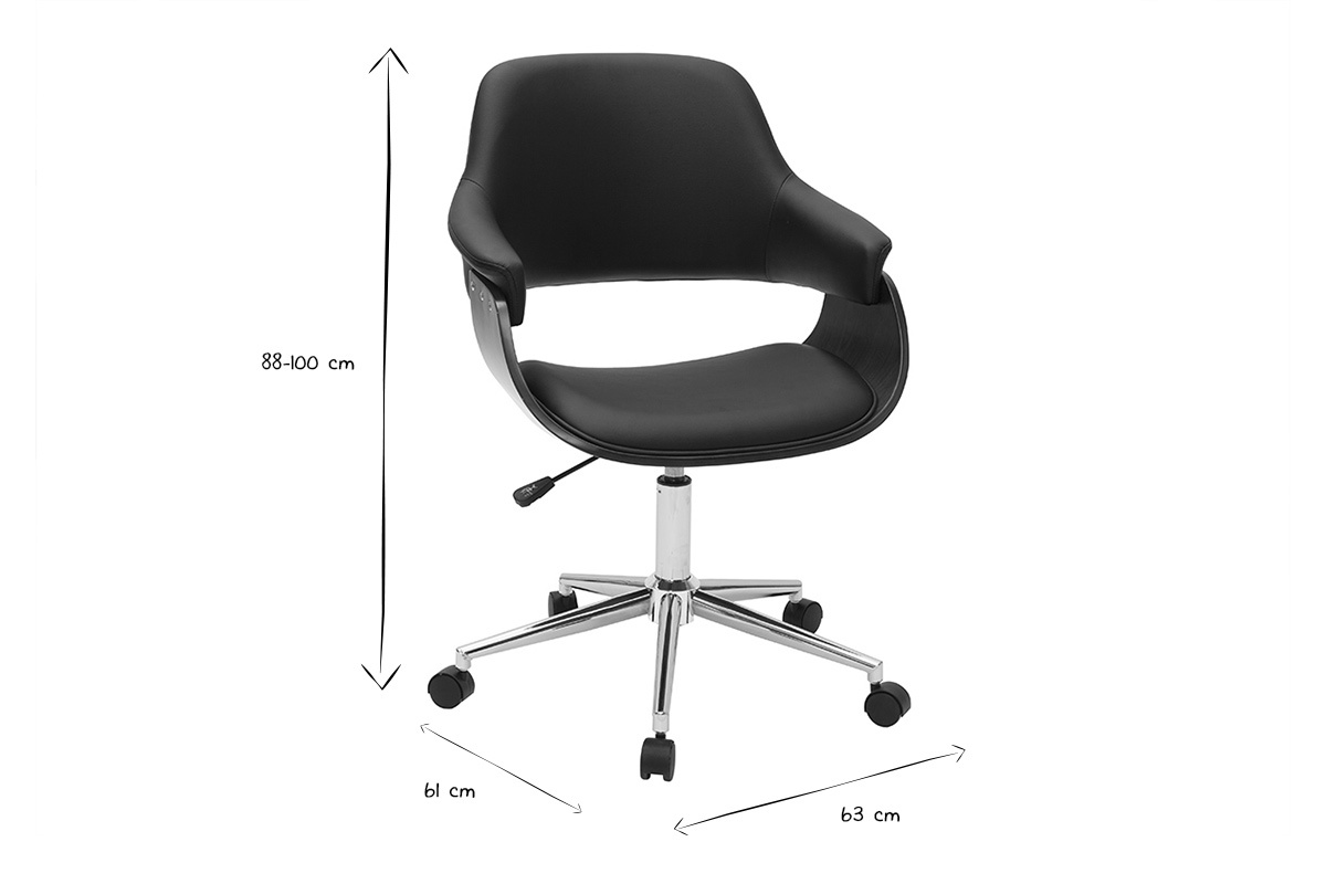 Chaise de bureau � roulettes design noir, bois fonc� noyer et acier chrom� HANSEN