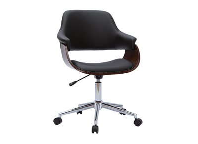 Chaise de bureau &agrave; roulettes design noir, bois fonc&eacute; noyer et acier chrom&eacute; HANSEN