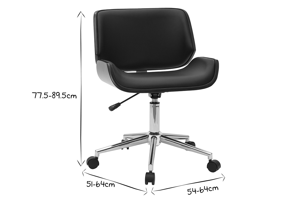 Chaise de bureau � roulettes design noir, bois fonc� noyer et acier chrom� RUBBENS